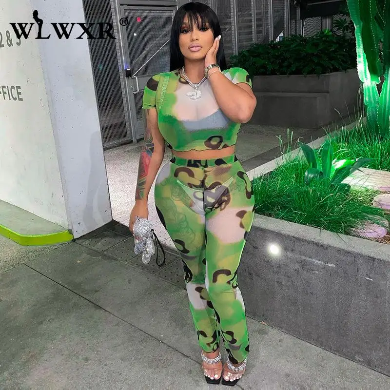 

WLWXR Street Print 2 Two Piece Sets Tracksuit Womens Outfits 2022 O Neck Short Sleeve Crop Top And High Waist Long Pants Sets