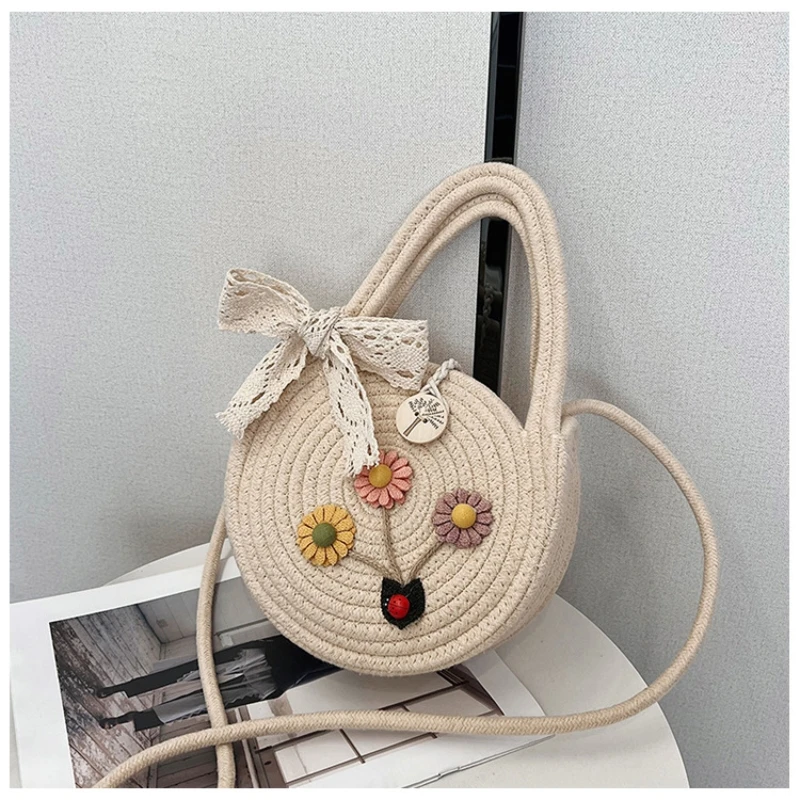 

New Silk Scarf Handmade Weaving Bag Casual Flower Tote Round Bag Sweet Retro Crossbody Bag Trend Seaside Beach Shoulder Bag