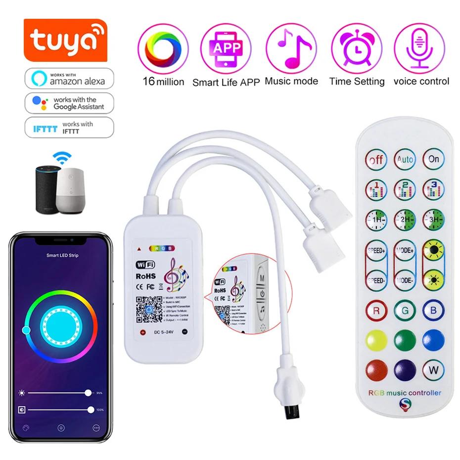 

Tuya Smart RGB Controller 12V for LED Strip Lights Dimmer 5050 2835 Tape IR / Bluetooth / WiFi Controller Work with Alexa Google