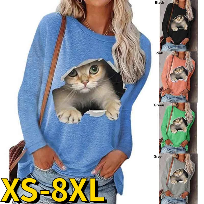 

Новинка 2022, модная футболка с принтом животных, женская Свободная Повседневная футболка с длинным рукавом и круглым вырезом, осенний пулове...