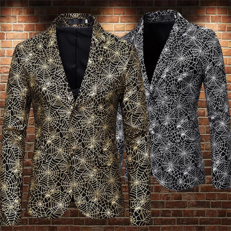 Spider web bronzing print suits men blazer Golden silver shiny coats mens jacket masculino slim casaco jaqueta masculina B433