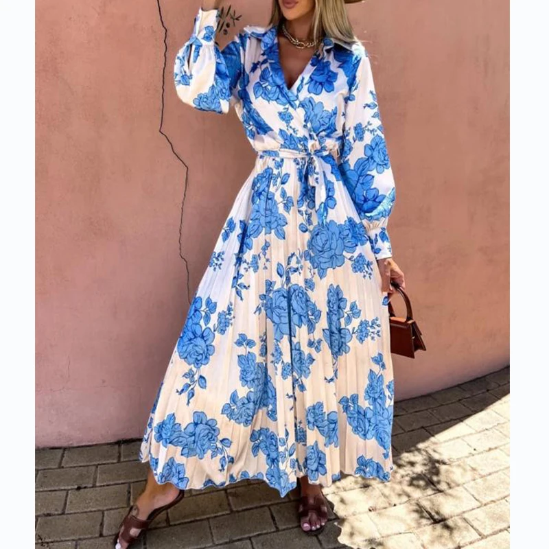 

Elegant Fashion Women Summer Dress 2022 New Lace-up V-Neck Long Sleeves Waist Swing Long Maxi Pleated Dress Floral Print Dresses