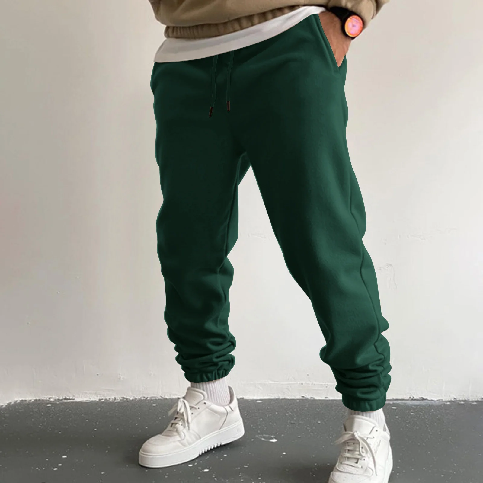 

Mens Autumn Winter Plush Pants High Street Fashion Leisure Loose Sports Running Solid Color Lace Up Pants Sweater Pants Trousers