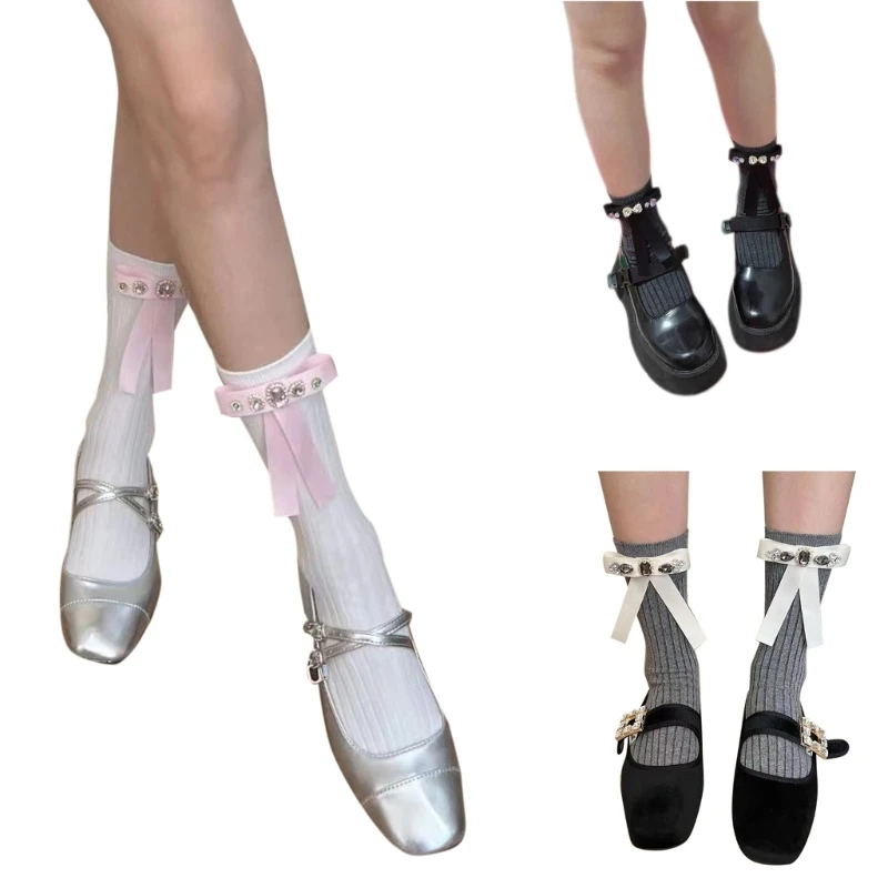 

Rhinestones Ballet Sock Y2K Solid Color Bows Breathable Sweet Stocking Cotton Short Wear for Women Summer