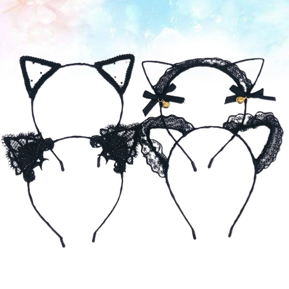 

4PCS Lace Cat Ear Headband Decorative Lace Hair Hair Accessories with Sall Bells for Cosplay Costume Party