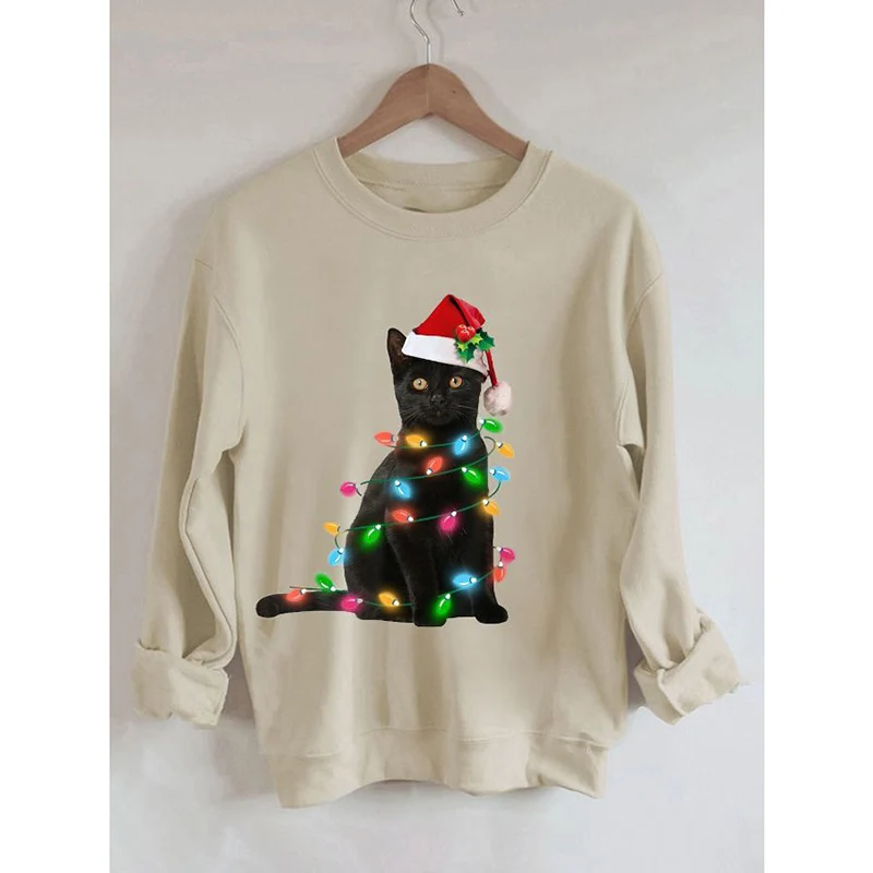 

Рождественская Женская Повседневная хлопковая толстовка Rheaclot с принтом черного кота и длинным рукавом