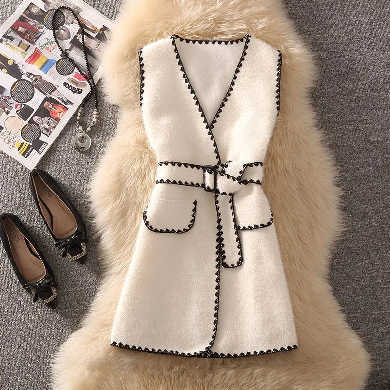

2022 Women Autumn Winter New Loose Sashes Sleeveless Coats Female Woolen Cloth Vest Jackets Ladies Casual Solid Waistcoat Q44