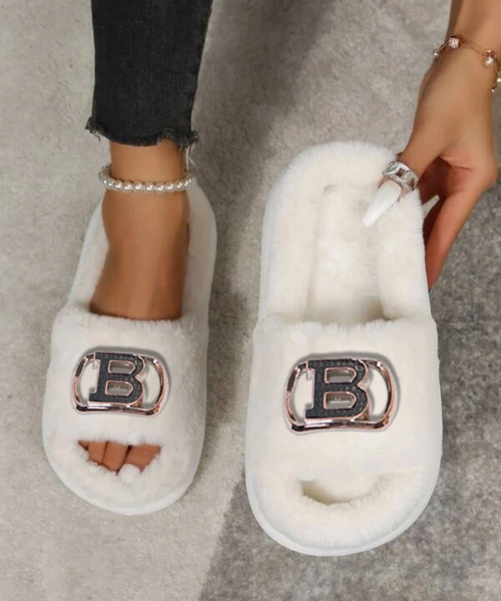 

Fashion Luxury Design Women Home Slippers Solid Color Open Toe Indoor 2023 Winter Flat Non-slip Leisure Interior Female Shoes