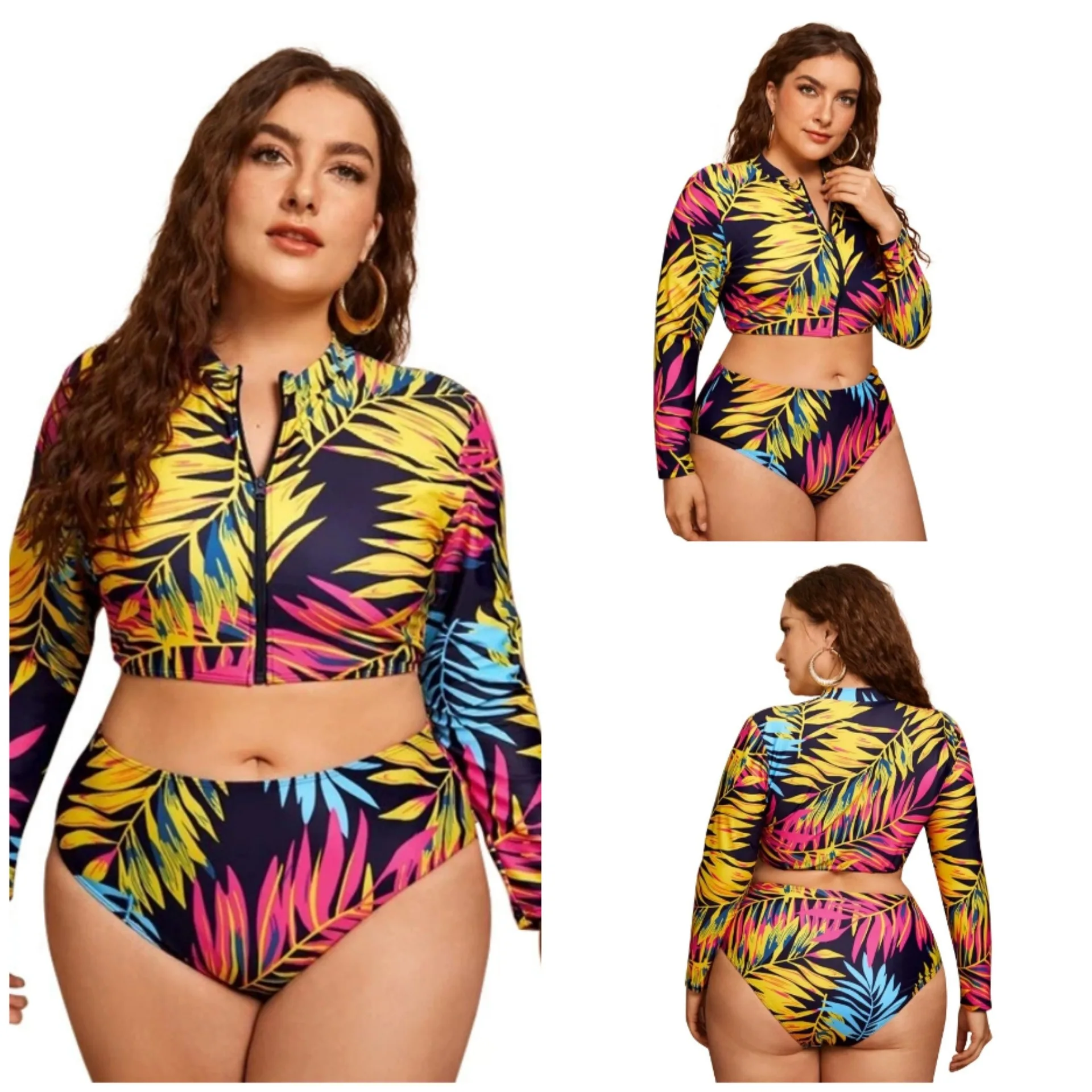 

Женский купальник размера плюс, сексуальное бикини с принтом, купальник из двух частей с высокой талией и разрезом, купальник с длинным рука...