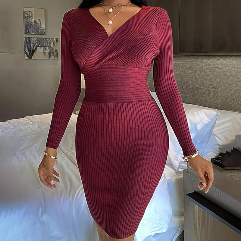 

Элегантные платья с V-образным вырезом для женщин, однотонное вязаное платье с запахом, женское осеннее облегающее короткое платье ярко-красного цвета, 2023