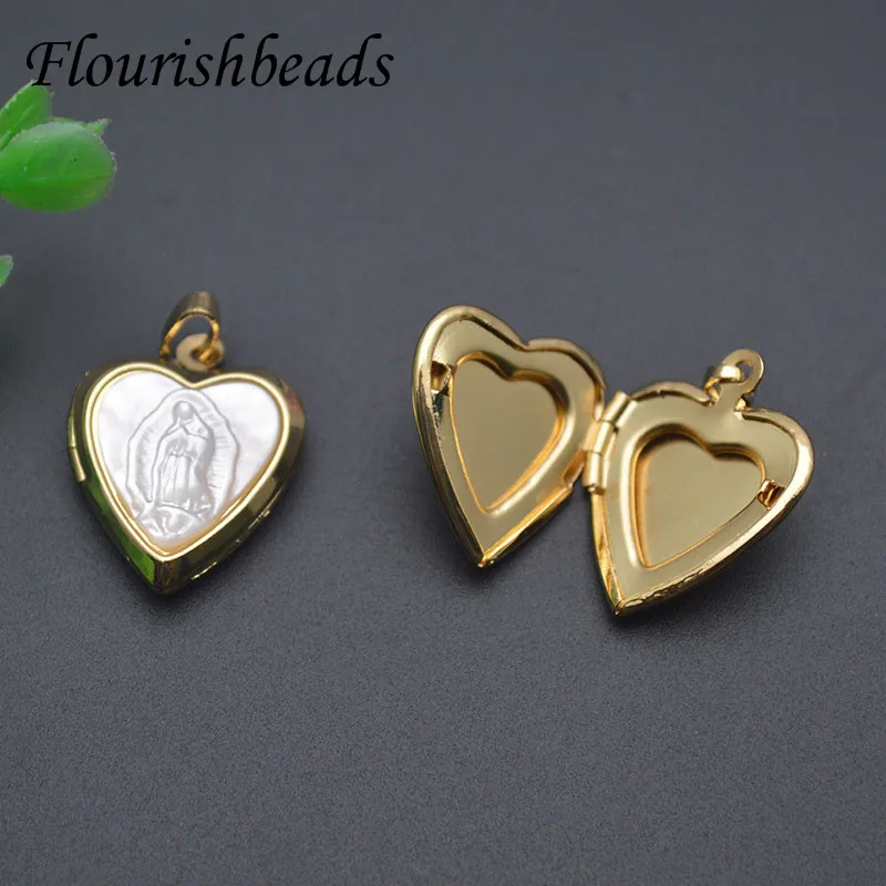 

Fashion Jewelry Gold Plated Natural Freshwater Shell Religious Jesus Heart Photo Box Charms for DIY Necklace Making 10pcs