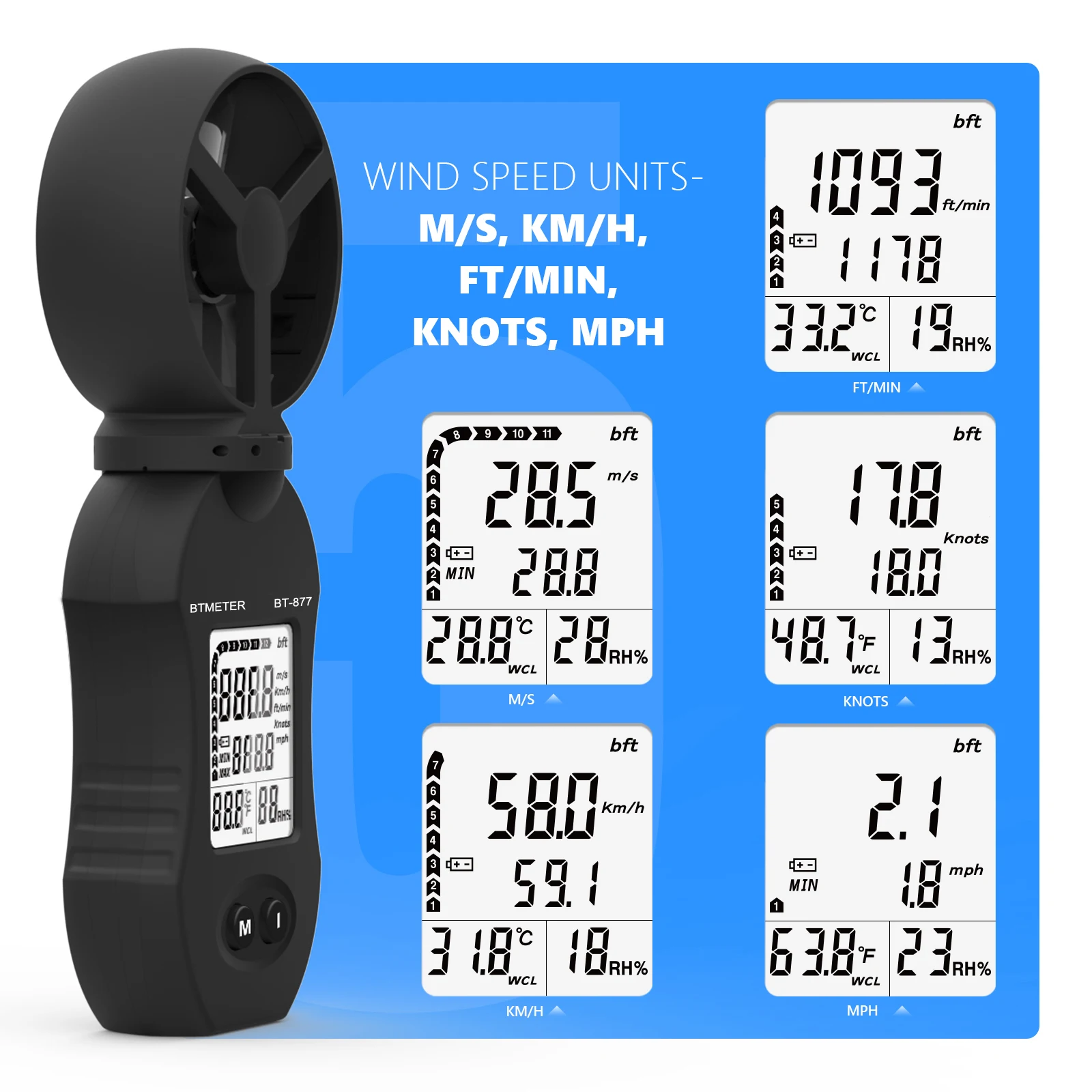 Фото Анемометр BTMETER с креплением на штатив, диапазон измерения скорости BT-877 0,3 ~ 30 м/с, инструменты для измерения расхода воздуха для водных видов спорта и парусного спорта №4