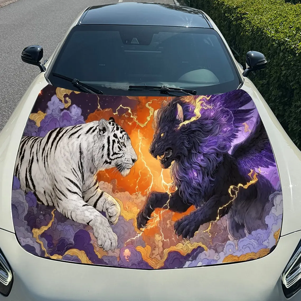 Фото Оранжево-фиолетовая автомобильная виниловая пленка Cloud Flame Beast Duel, водонепроницаемая наклейка на капот автомобиля из ПВХ, самоклеящаяся устойчивая к царапинам №4