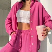 1 set sporty outfit loose casual cotton blend long sleeve solid single breasted top lace up trousers women outfit for daily wear