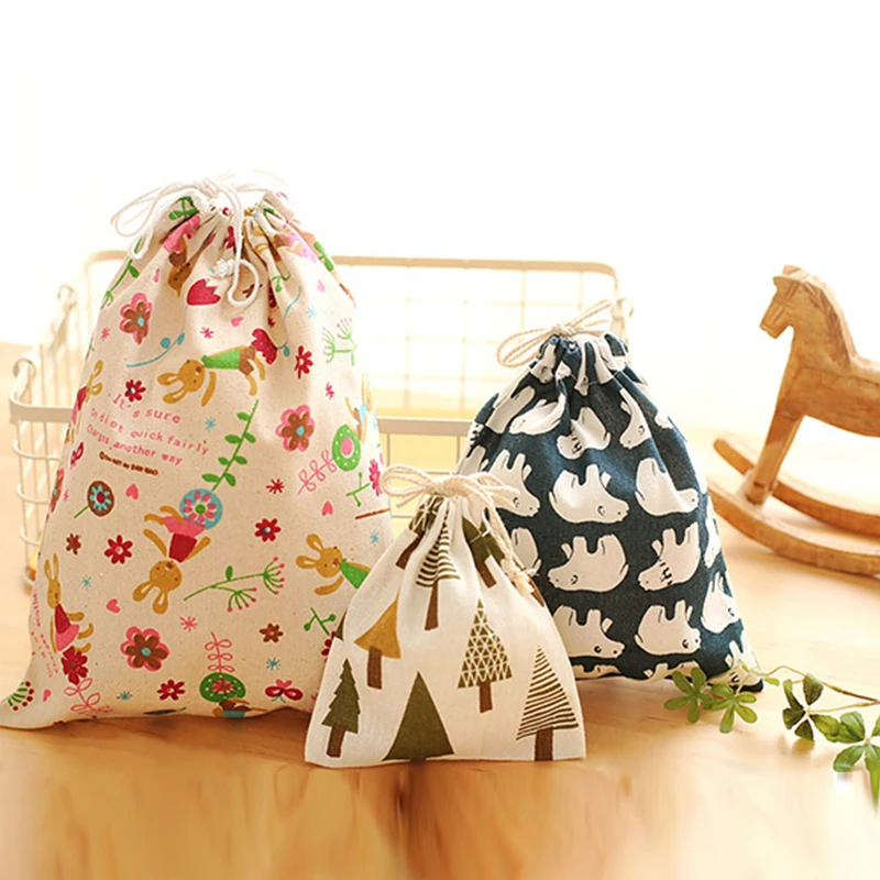 

3Sizes Cotton Linen Travel Drawstring Tote Flower Print Storage Bag Organizer Bag For Underwear Toy Storage Bag Daily Use