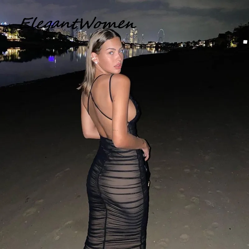 

Сексуальные сетчатые Плиссированные Длинные платья для выпускного вечера для женской одежды, однотонное женское платье средней длины с запахом, уличный наряд с открытой спиной, Новинка