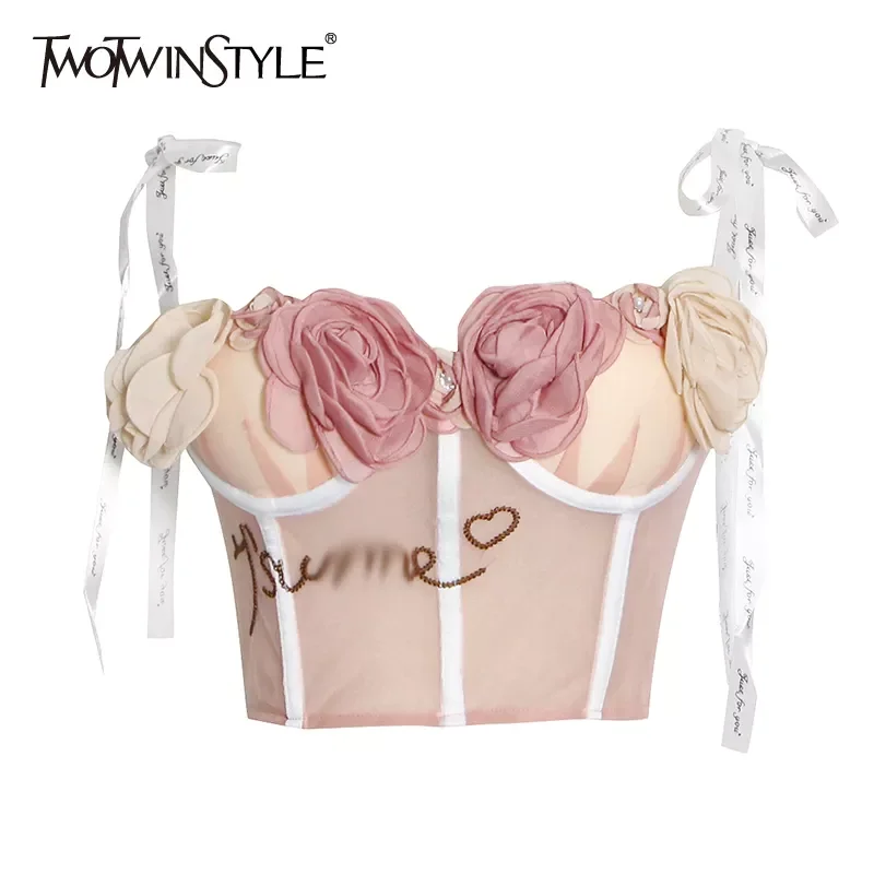 

TWOTWINSTYLE Sexy Floral Accessories Patchwork Vests For Women Slim Colorblock Lace Up Sling Sleeveless Short Tops Female 2022