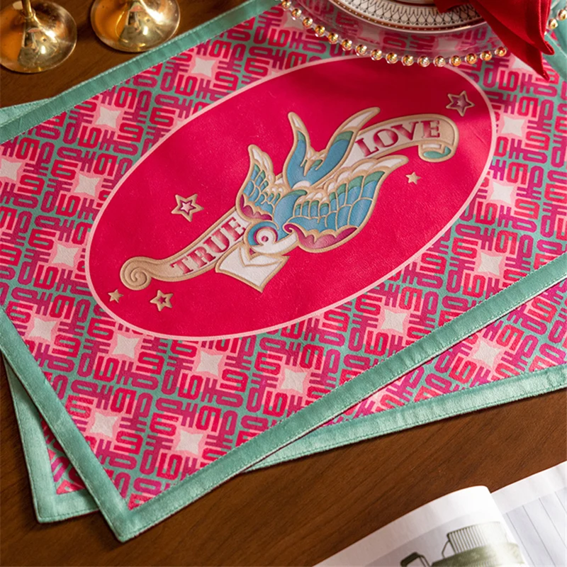 

Fabric Placemat Festive Wdding Table Decoration Mat Home European Western Food Pink Printing Embroidery Heat Insulation Pad
