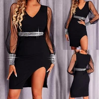 hot sales midi dress v neck see through sleeve belt stitching solid color sequined party dress for club