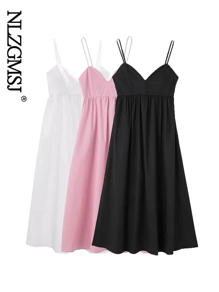 

Nlzgmsj 2022 Women Summer Midi Dress Vintage V neck High Waist Backless Thin Straps Chic Female Dresses Vestidos Mujer 202207
