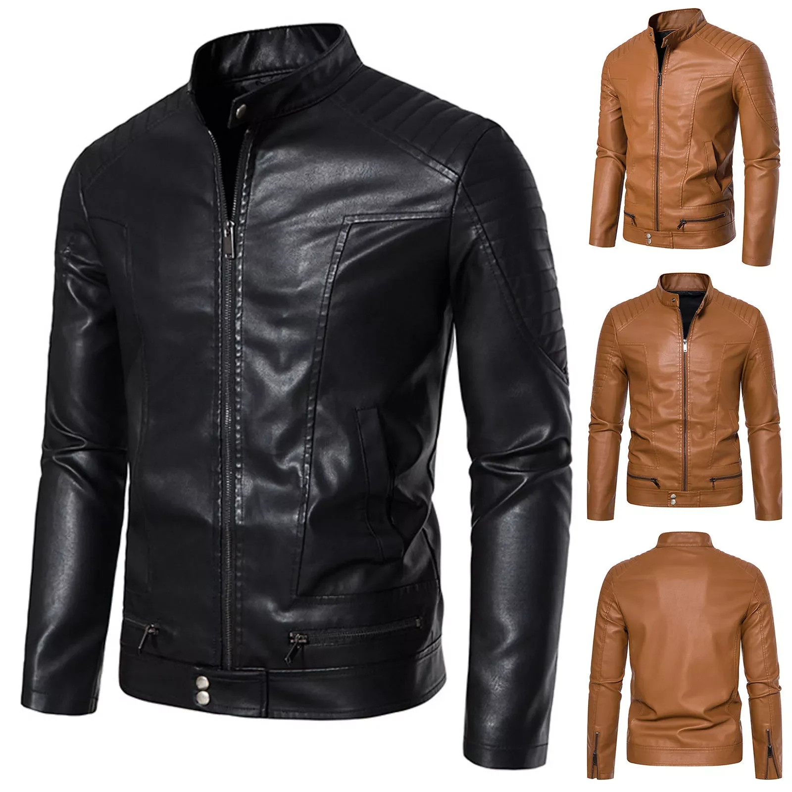 

Mens Spring And Autumn Solid Color Zip Pu Leather Jacket Short Lapel Motorcycle Leather Jacket Coat B3 Jacket