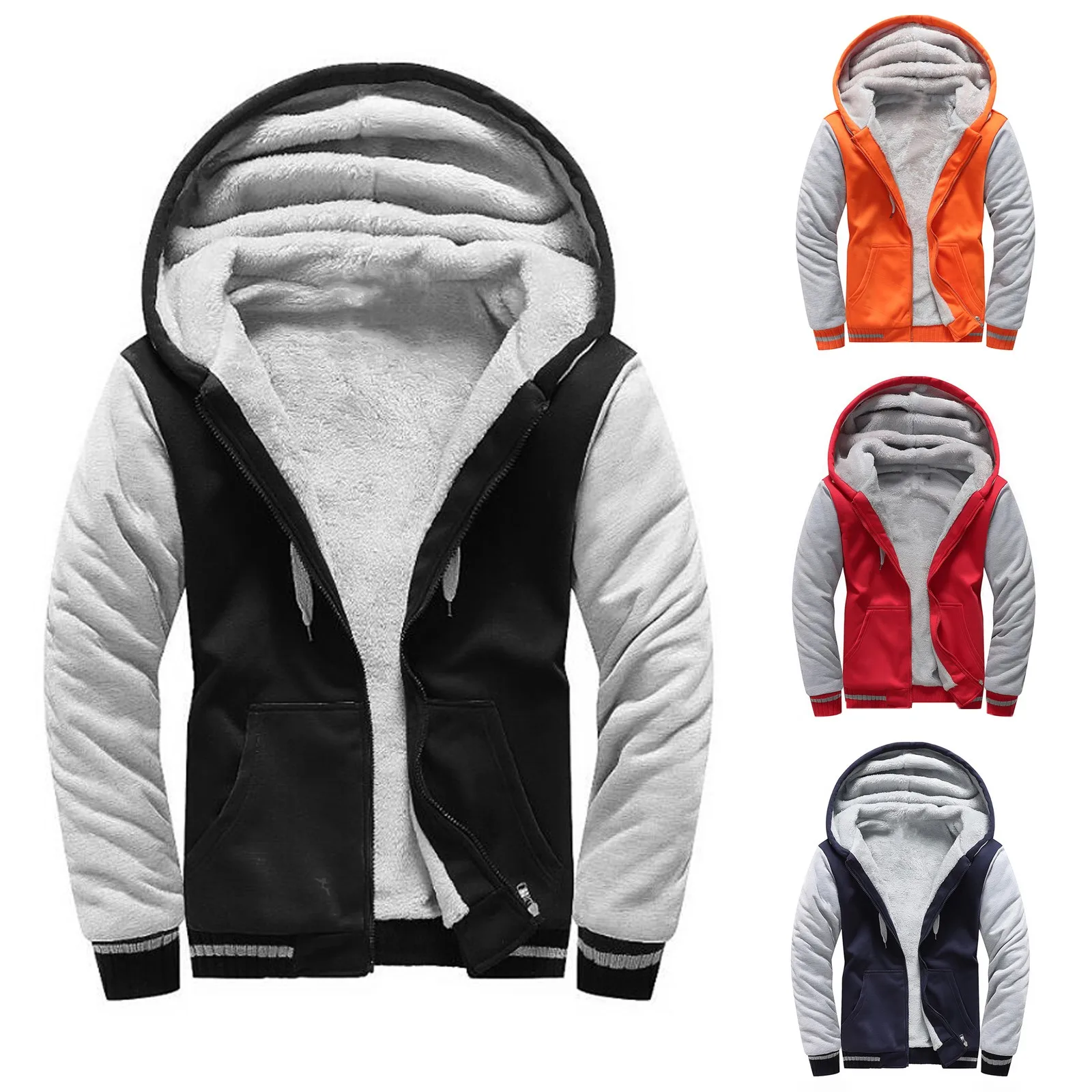 

Men's Winter Coats Plush Thickening Plus Size Warm Cardigan Coat Color Matching Zipper Hooded Sweater Jacket men's jacket