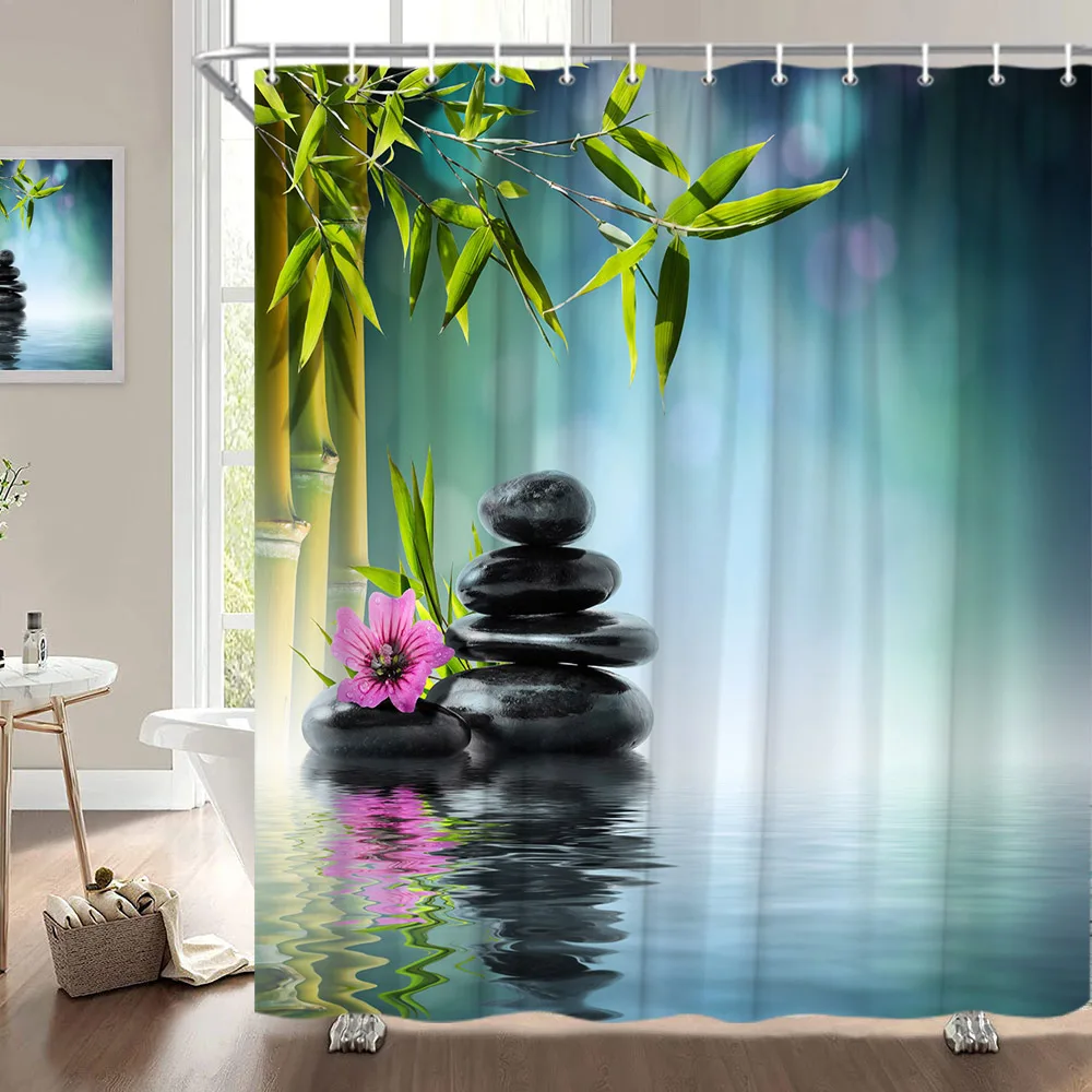 

Zen Stone Buddha Flowers Scenery Shower Curtains Creativity Art Bathroom Bath Curtain With Hooks Waterproof Fabric Bathtub Decor