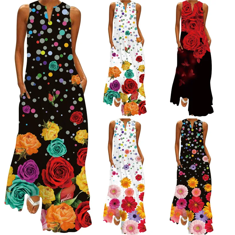 

Черные длинные платья в горошек, с цветочным принтом роз, без рукавов, сексуальные пляжные богемные элегантные винтажные женские платья ове...