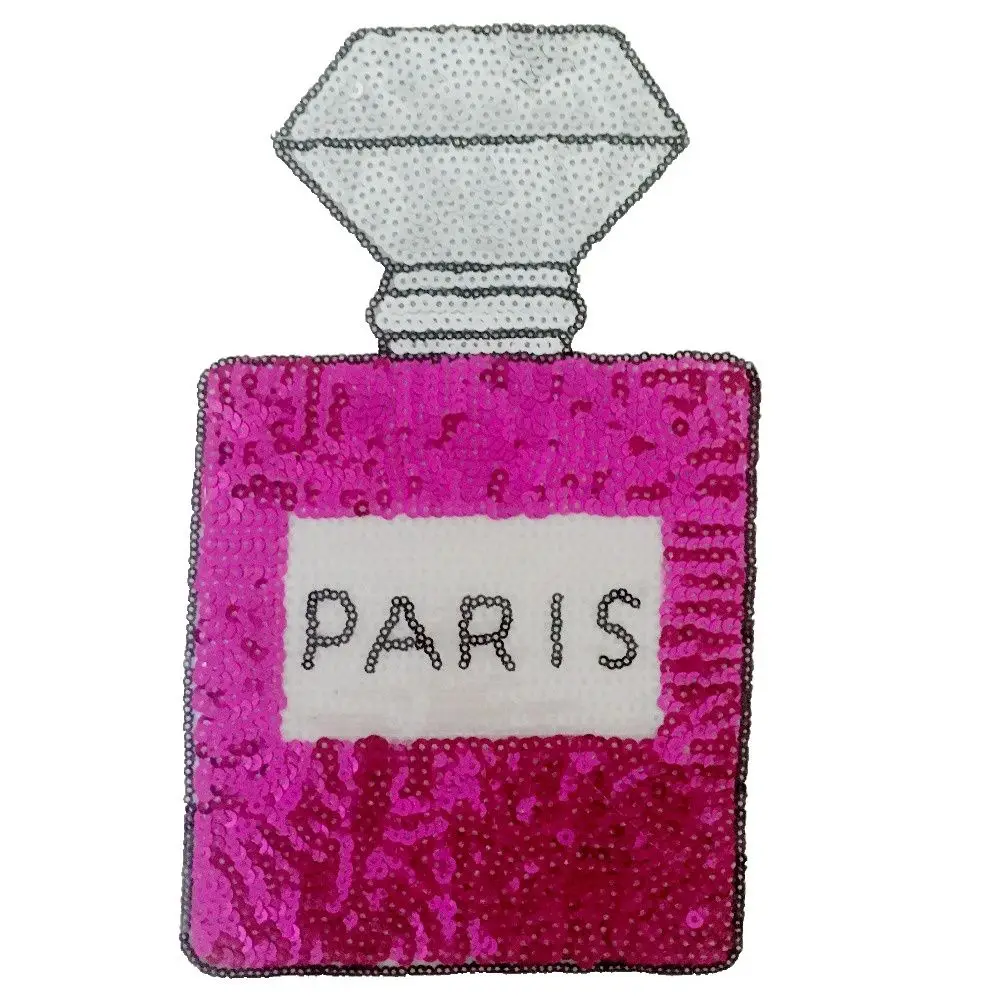 Pink PARIS Perfume Bottle Patch Iron on Sequined Patches for Clothes Backpack DIY Motif Embroidery Decoration SEWING ACCESSORY