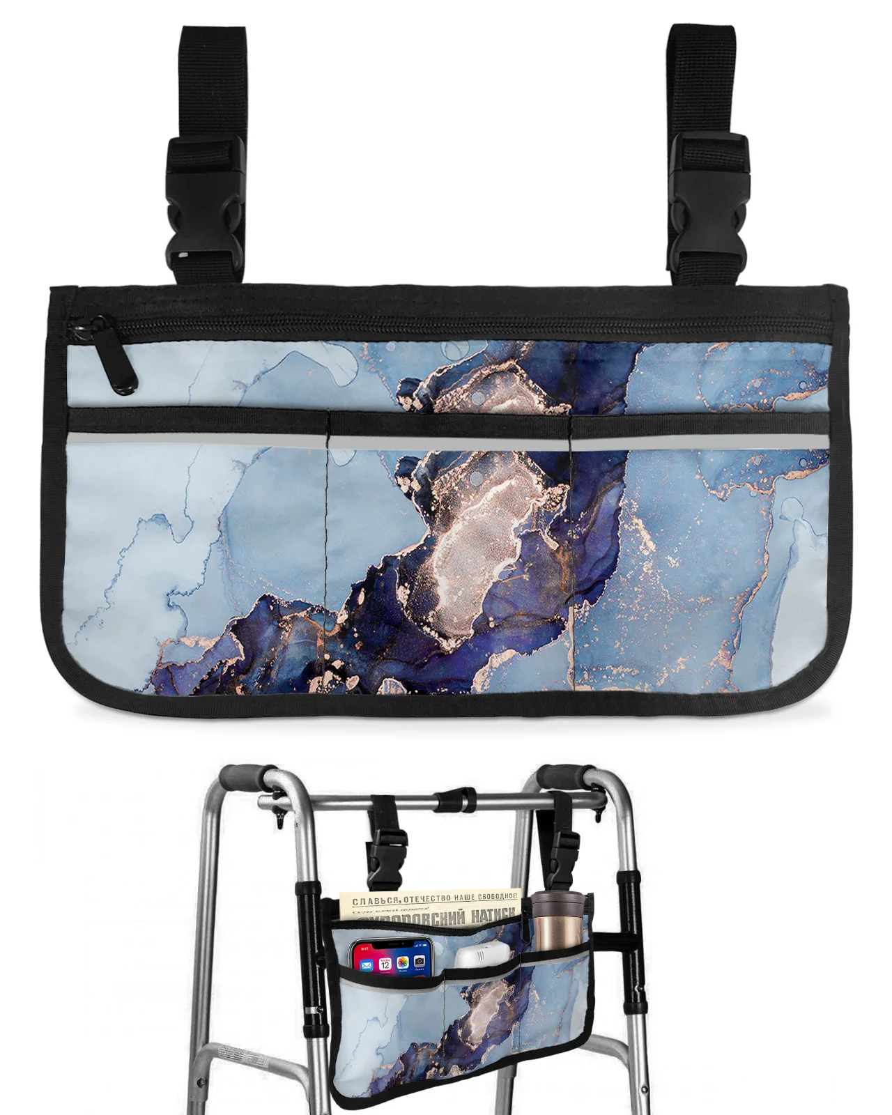 

Marble Texture Ink Wheelchair Bag With Pockets Reflective Strips Armrest Side Bags Electric Scooter Walking Frame Storage Pouch