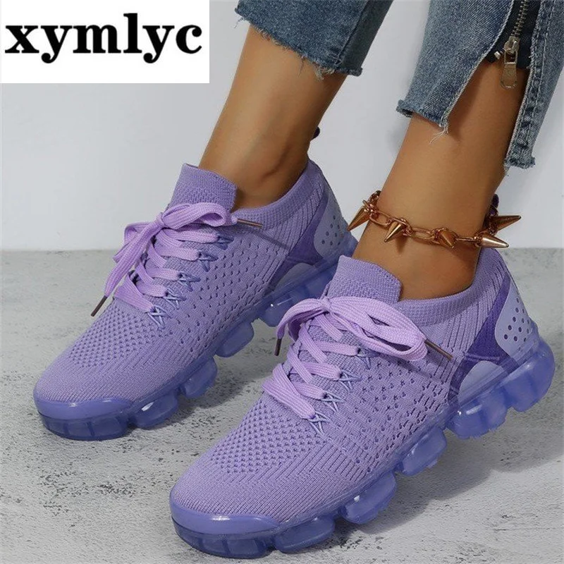 

New solid color air-cushion sole with heightening flying woven women's shoes front lace-up breathable running women's shoes
