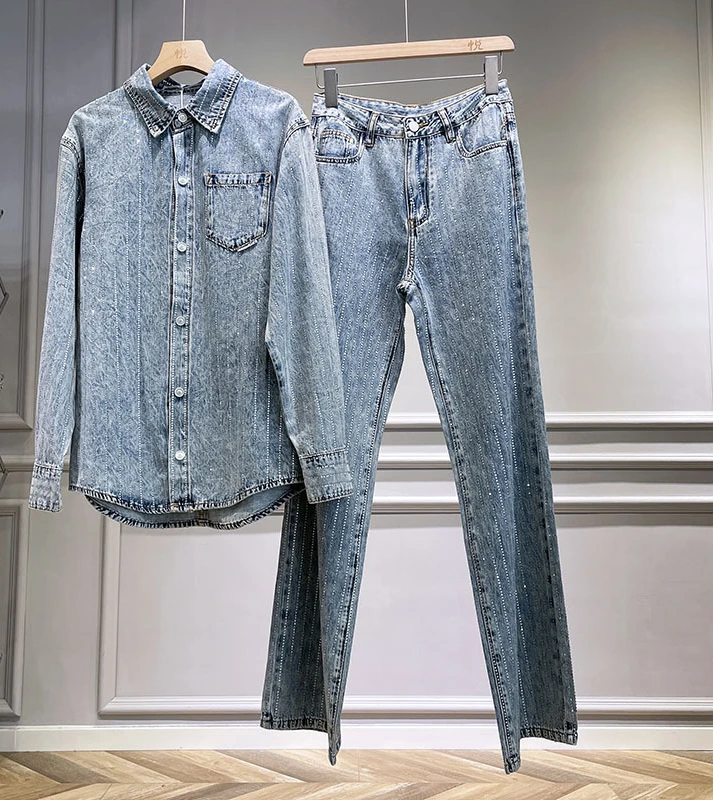 

131825 Fashion Classic Trendy Luxury Designer Cloth Women Spring Autumn Rhinestone Denim Shirt Jeans Set