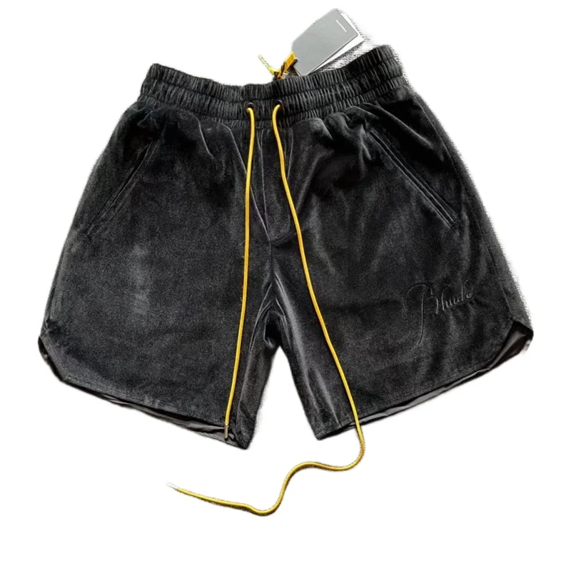 

2023 Rhude Embroidered Logo Velvet Vintage Drawstring Shorts Men Women 1:1 High Quality Breeches Inside Tag