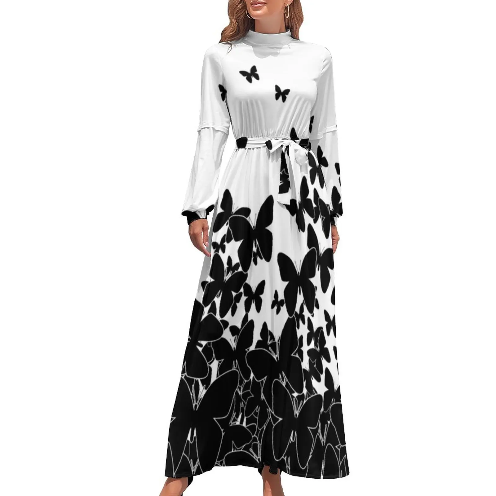 

Black Butterfly Art Dress Butterflies Swarming Long-Sleeve Vintage Maxi Dress Spring Street Fashion Bohemia Long Dresses Vestido