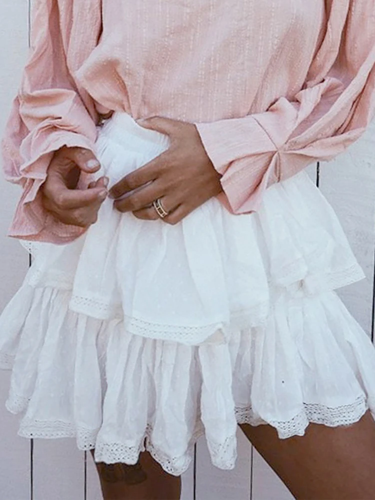 

2022 Summer Elegant White Women's Mini Skirt Lace Casual Splice Short Holiday Skirt Female High Waist Solid A-Line Women Skirts
