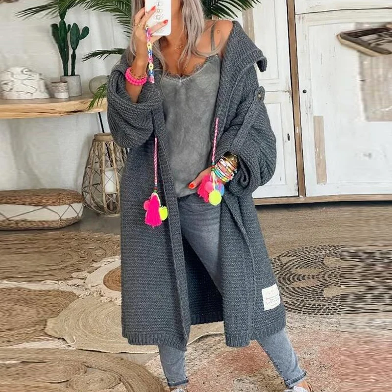 

Осенний плотный Однотонный женский свитер, кардиган, Повседневная Свободная теплая Длинная Верхняя одежда с нитью, новинка 2022, зимнее вязан...