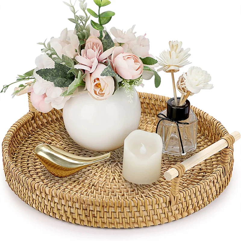 

Handwoven Rattan Storage Tray Basket With Wooden Handle Bread Basket Tray Fruit Wicker Tray Coffee Table Decorative Tray