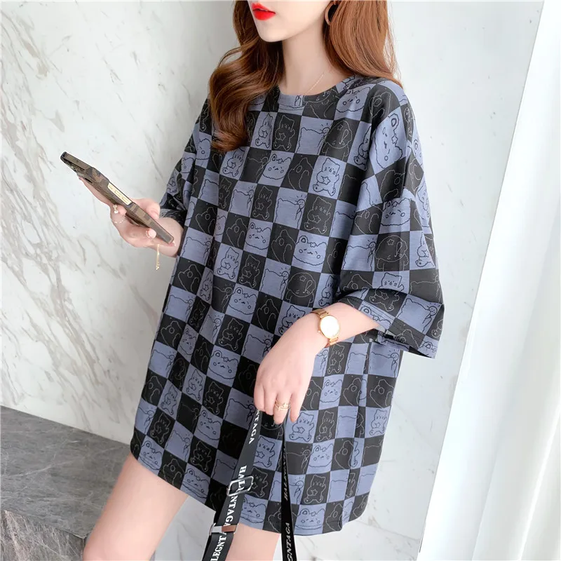 

Женская футболка с принтом в клетку, Корейская футболка большого размера в стиле Харадзюку, топы с графическим принтом, y2k, лето 2022