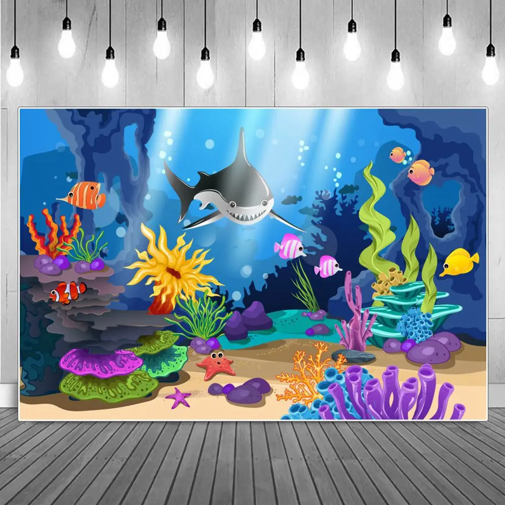 

Baby Wild Shark Aquarium Birthday Decoration Photography Backdrops Seabed Coral Bubble Clownfish Party Photographic Backgrounds