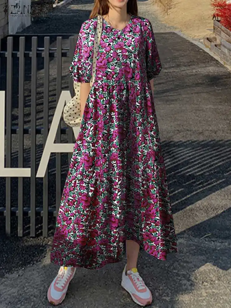 

Bohemian Holiday Long Sundress Casual Vestidos Vintage Women Short Sleeve loral Printed Beach Dress ZANZEA Summer Robe Femme