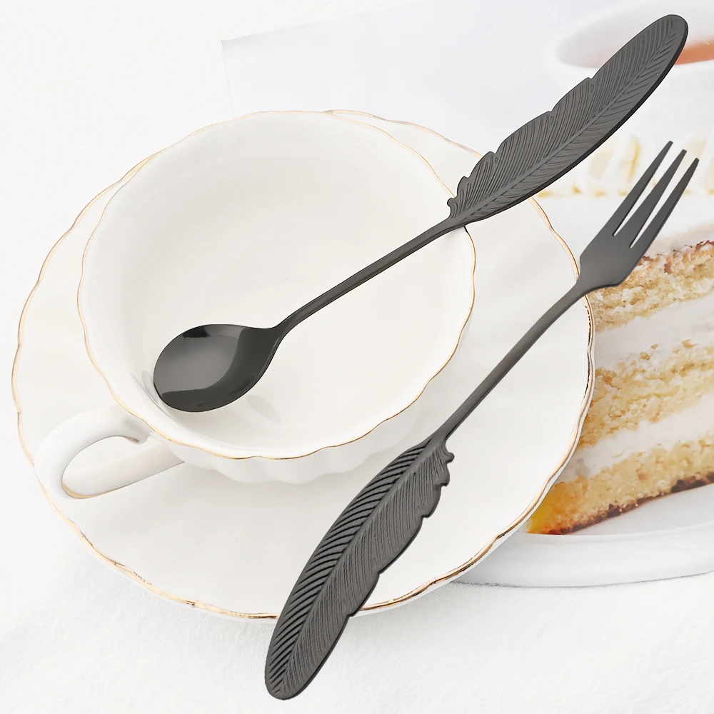8Pcs Black Creative Fork Spoon Dinnerware Set Cake Forks Ice Cream Coffee Tea Stirring Spoon 304 Stainless Steel Kitchen Cutlery