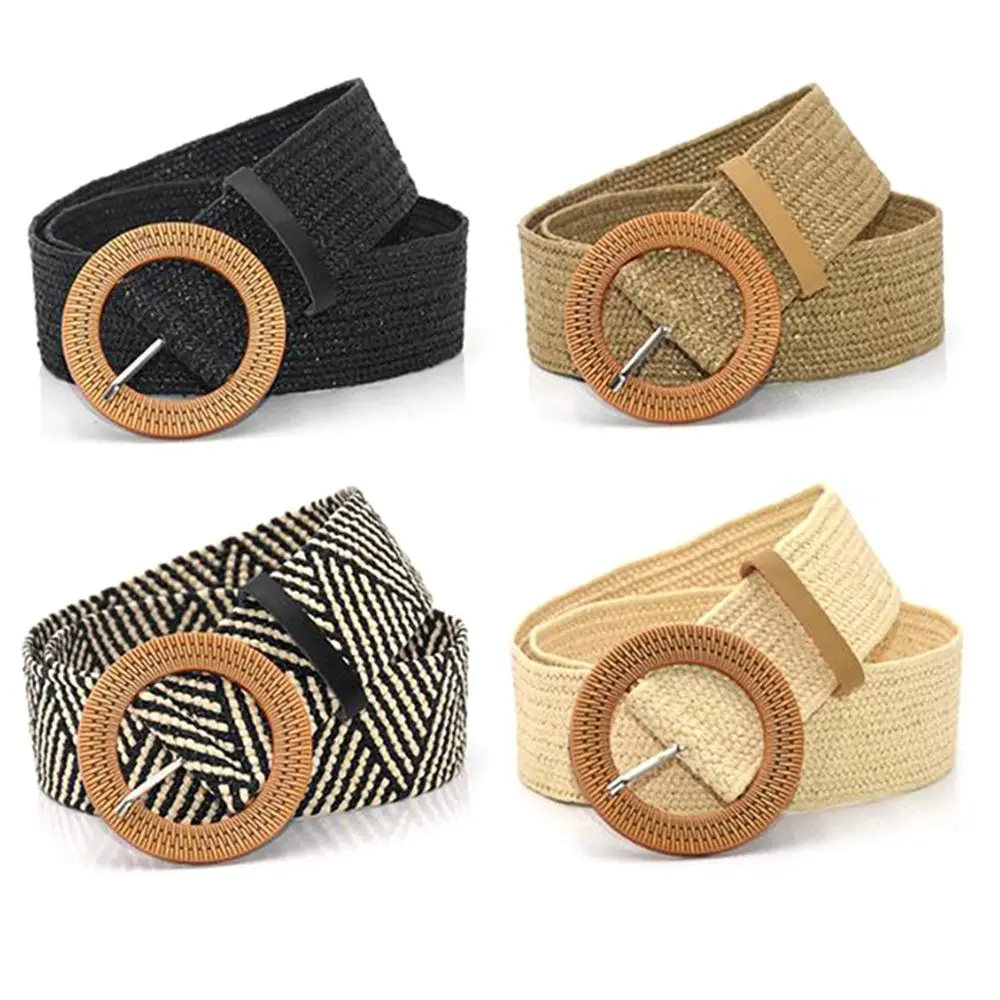 Classic Simple Wood Round Buckle Women Dress Personality Fashion Waist Belt Waistband Bohemian Woven Belt