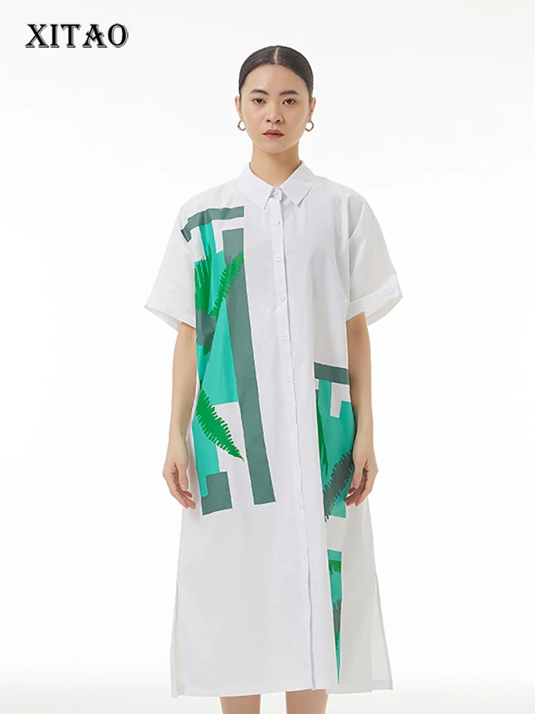 

XITAO, Повседневное платье-рубашка с принтом, свободное, модное, простое, отложной воротник, короткий рукав, женское летнее платье-рубашка, WLD11673