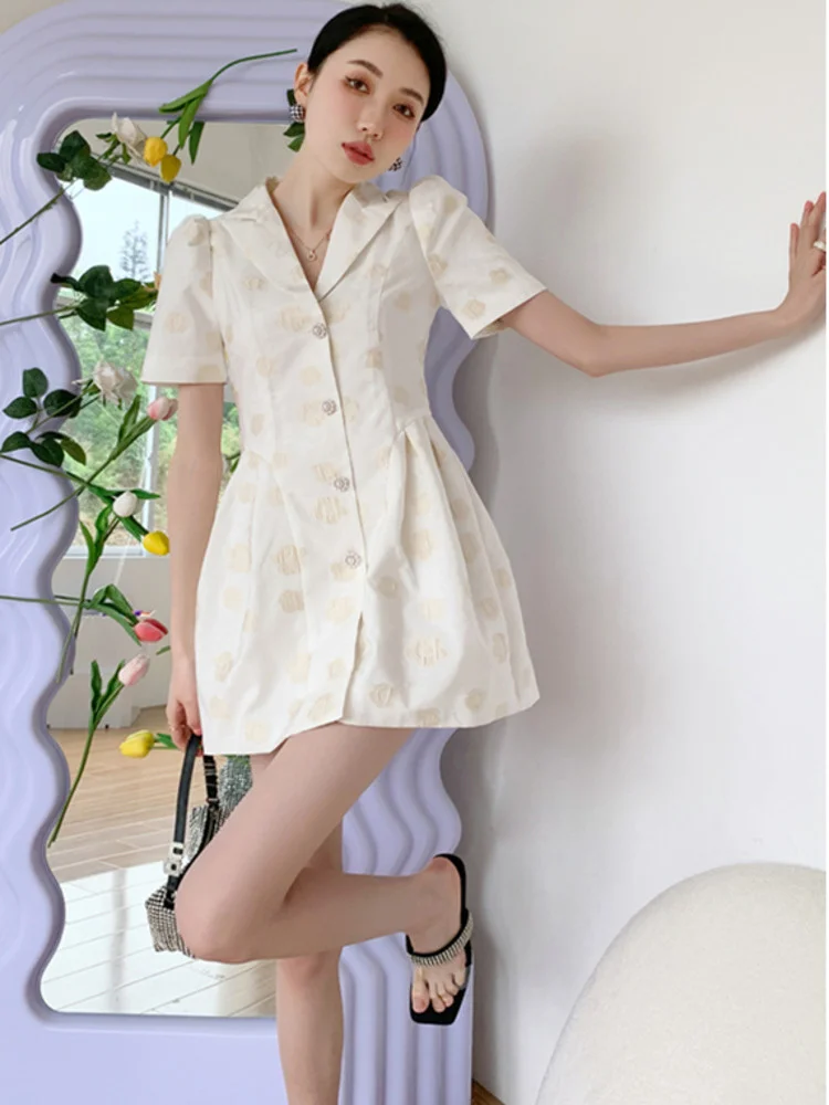 

Notched Single Breasted Dress Women 2022 Summer Short Sleeves Printing Flower Belt Dresses Female Chic Clothing G219