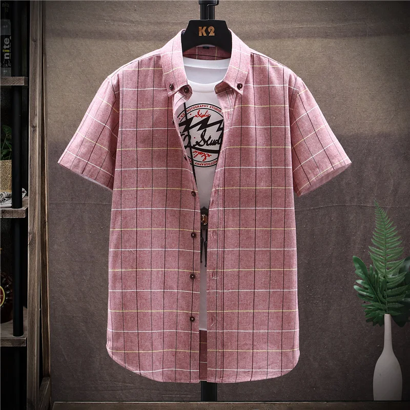 

Абсолютная новинка 2022, летняя Клетчатая белая голубая Повседневная рубашка с короткими рукавами в Корейском стиле для мужчин, одежда в стил...