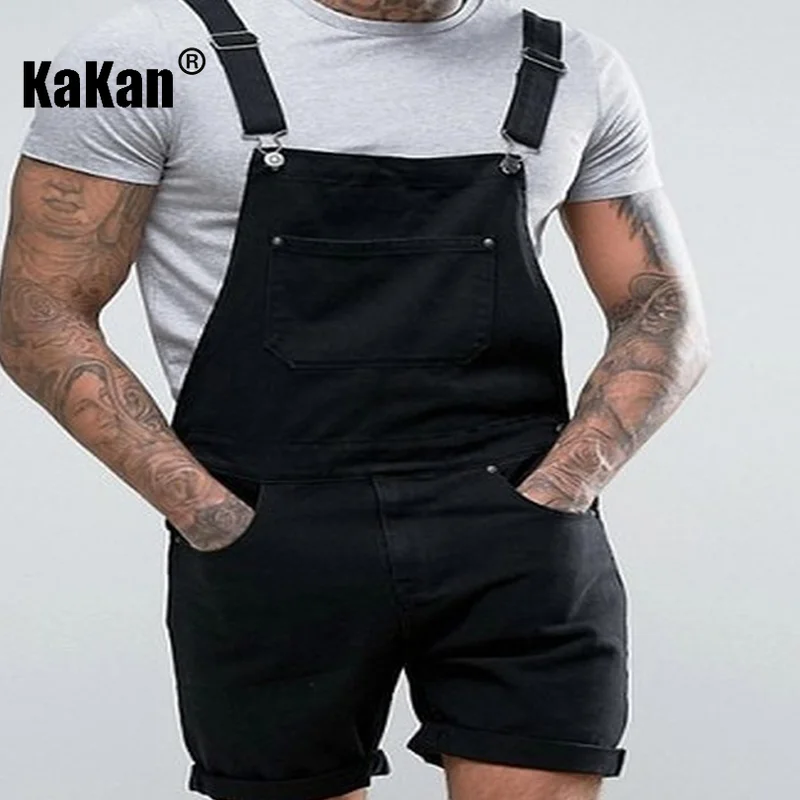 Kakan - European and American New Vintage Capris Sling Jeans for Men, Black Strap One Piece Jeans K34-211