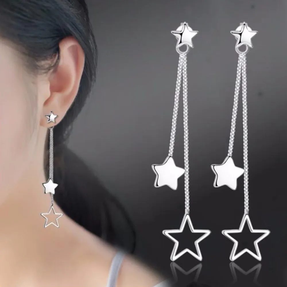 

DAYIN 925 Sterling Silver New Jewelry High Quality Fashion Woman Earrings Retro Pentagram Long Tassel Hanging Earrings