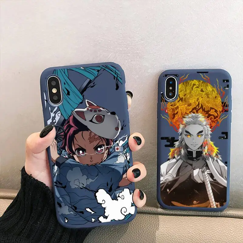 

Cartoon Japan Anime Demon Slayer Phone Case for iPhone 13 12 mini 11 Pro XS MAX X XR 7 8 6 Plus Candy Color blue Soft Silicone