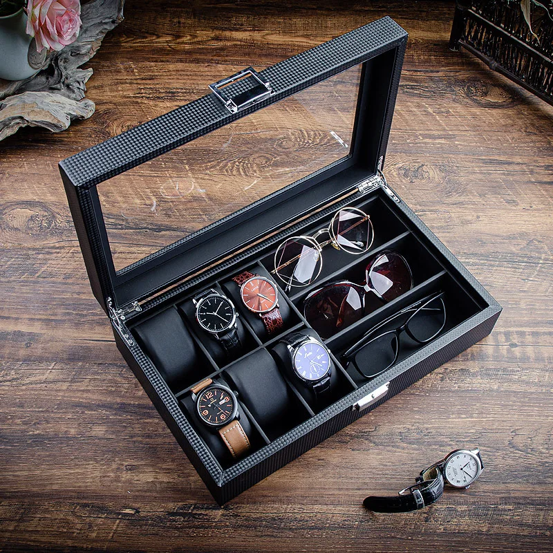Carbon fiber leather watch box glasses storage and arrangement myopia sunglasses sunglasses watch with lock display box