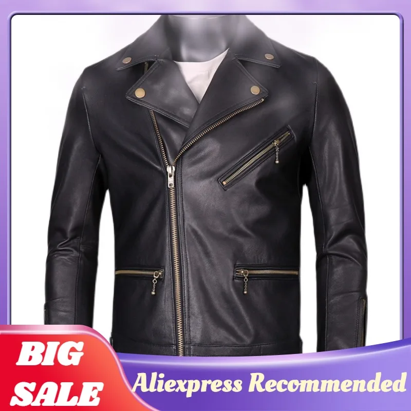 

2022 Черная мужская куртка из натуральной кожи в байкерском стиле размера плюс 5XL натуральная овчина весеннее приталенное короткое байкерско...